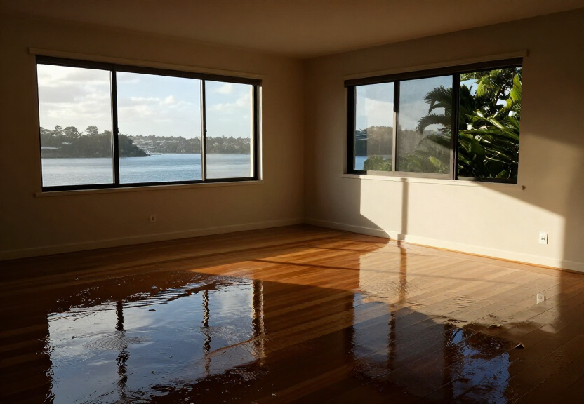 Flooded living room in an Eastwood home before restoration